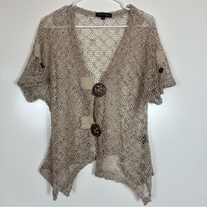 Beige Open-Knit Mesh Cardigan – Boho Button Front Top